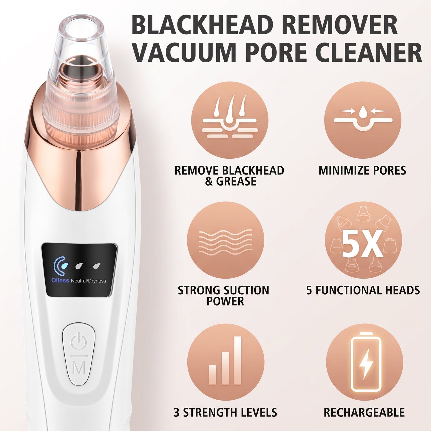 Rechargeable Blackhead Remover Vacuum – 5-Level Pore Cleaner with 4 Suction Heads
