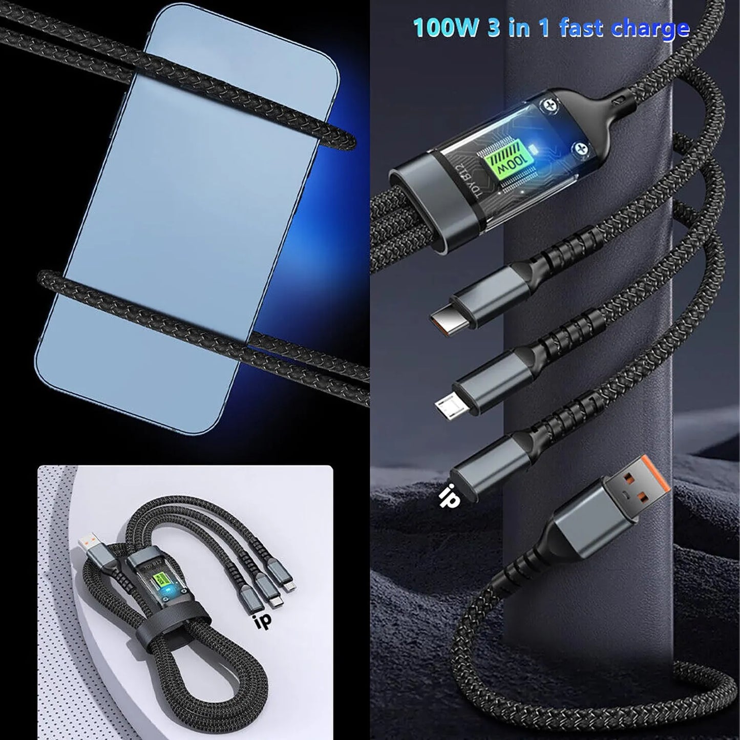 100W 3 in 1 Fast Charging Cable - USB to Type-C, Micro & Lightning Cable