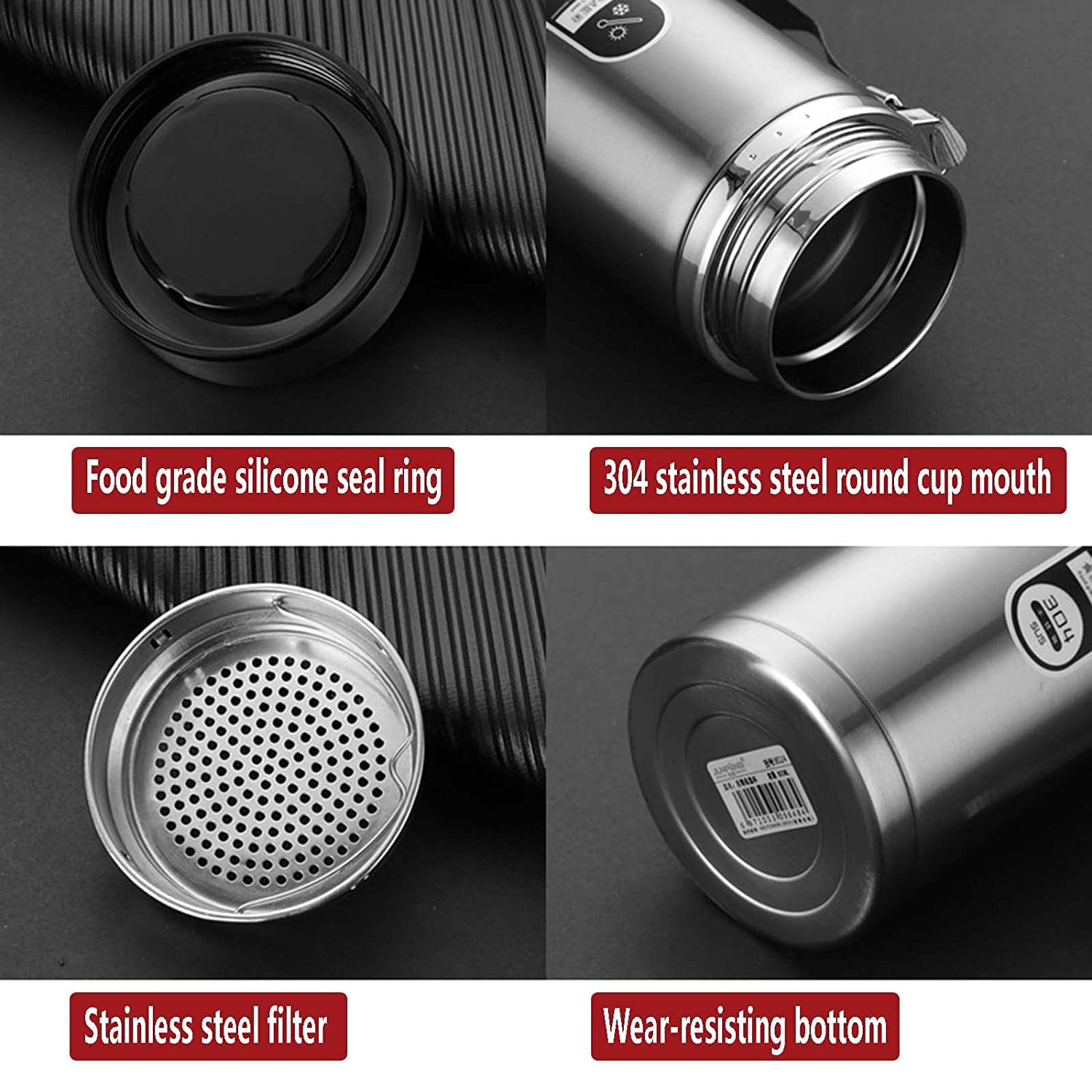 Stainless steel travel mug with features highlighted on a black background