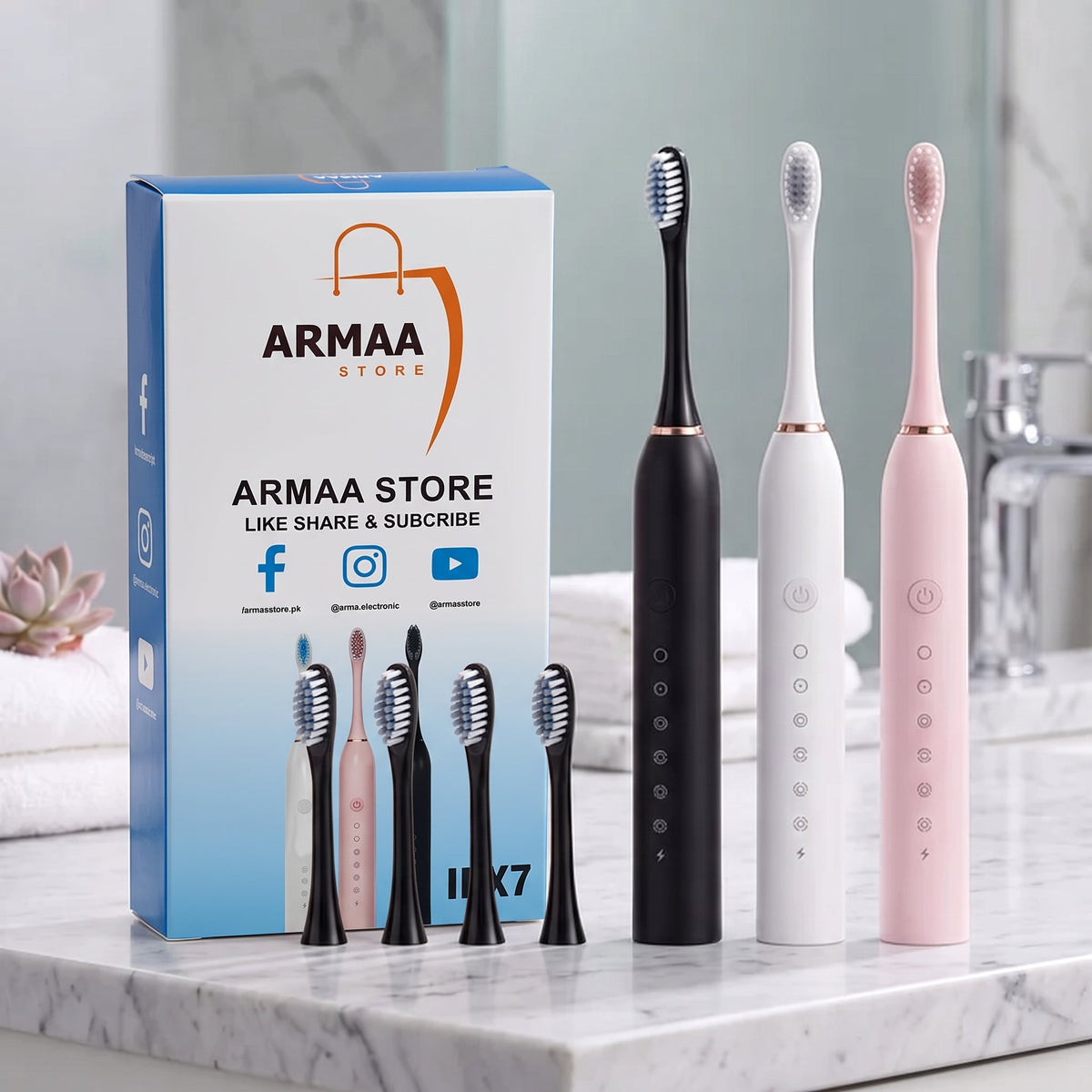 IPX7 Sonic Electric Toothbrush – Rechargeable Waterproof Toothbrush with 4 Brush Heads - Armaa Store Pk