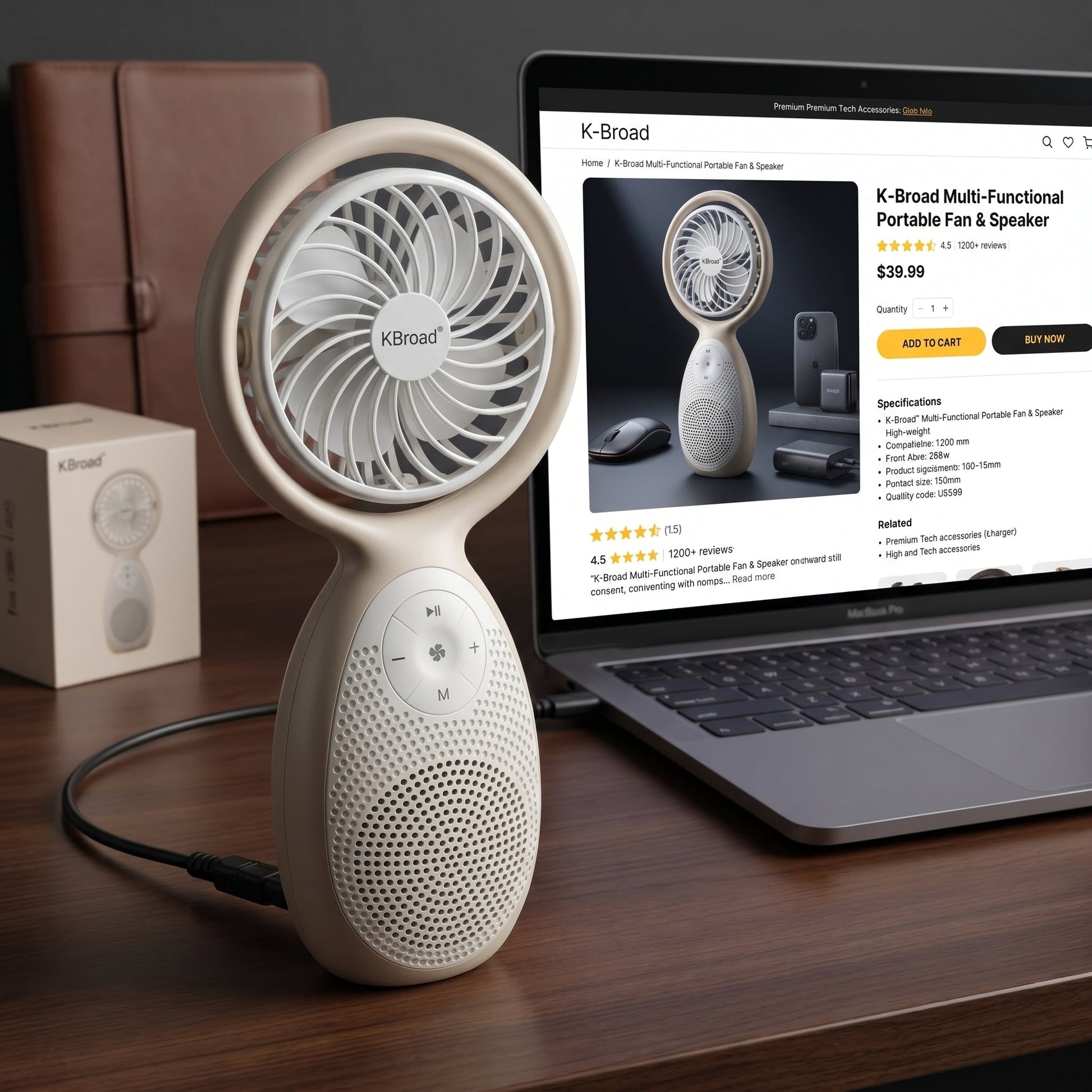 KBroad Portable Wireless Speaker with Built-in Fan – Rechargeable Handheld Cooling & Audio Device - Armaa Store Pk