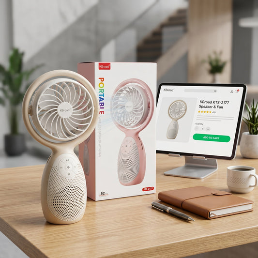 KBroad Portable Wireless Speaker with Built-in Fan – Rechargeable Handheld Cooling & Audio Device - Armaa Store Pk