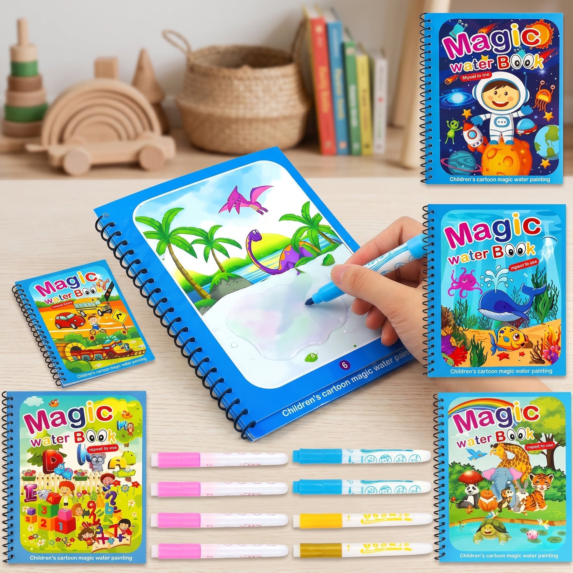 Magic Water Coloring Book for Kids – Reusable Water Painting Book with Magic Pen 5 Pieces Set - Armaa Store Pk