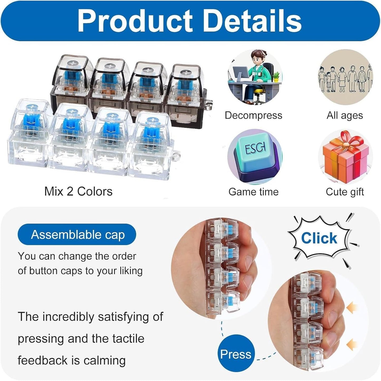 Mechanical Keyboard Switch Fidget Toy Keychain with 4 Clear Switches & LED Light - Armaa Store Pk