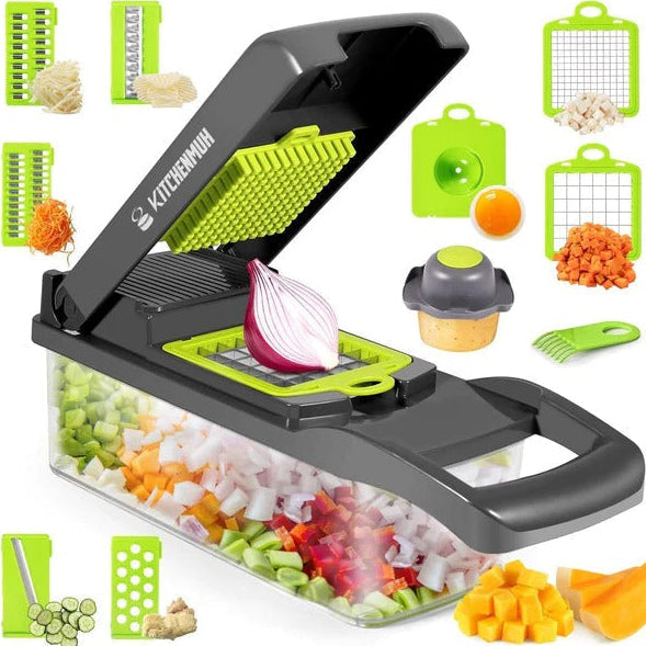 A multi-functional 16 in 1 Vegetable Cutter with interchangeable stainless steel blades, displayed alongside various fruits and vegetables for demonstration purposes.