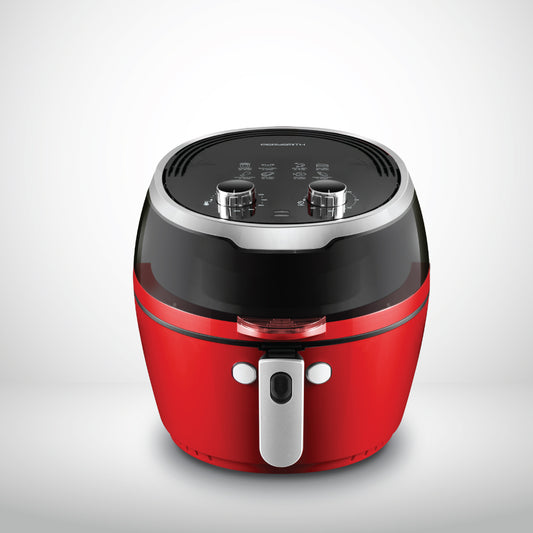 A red and black PerySmith 8.5L Air Fryer with a transparent lid and digital display on the top.