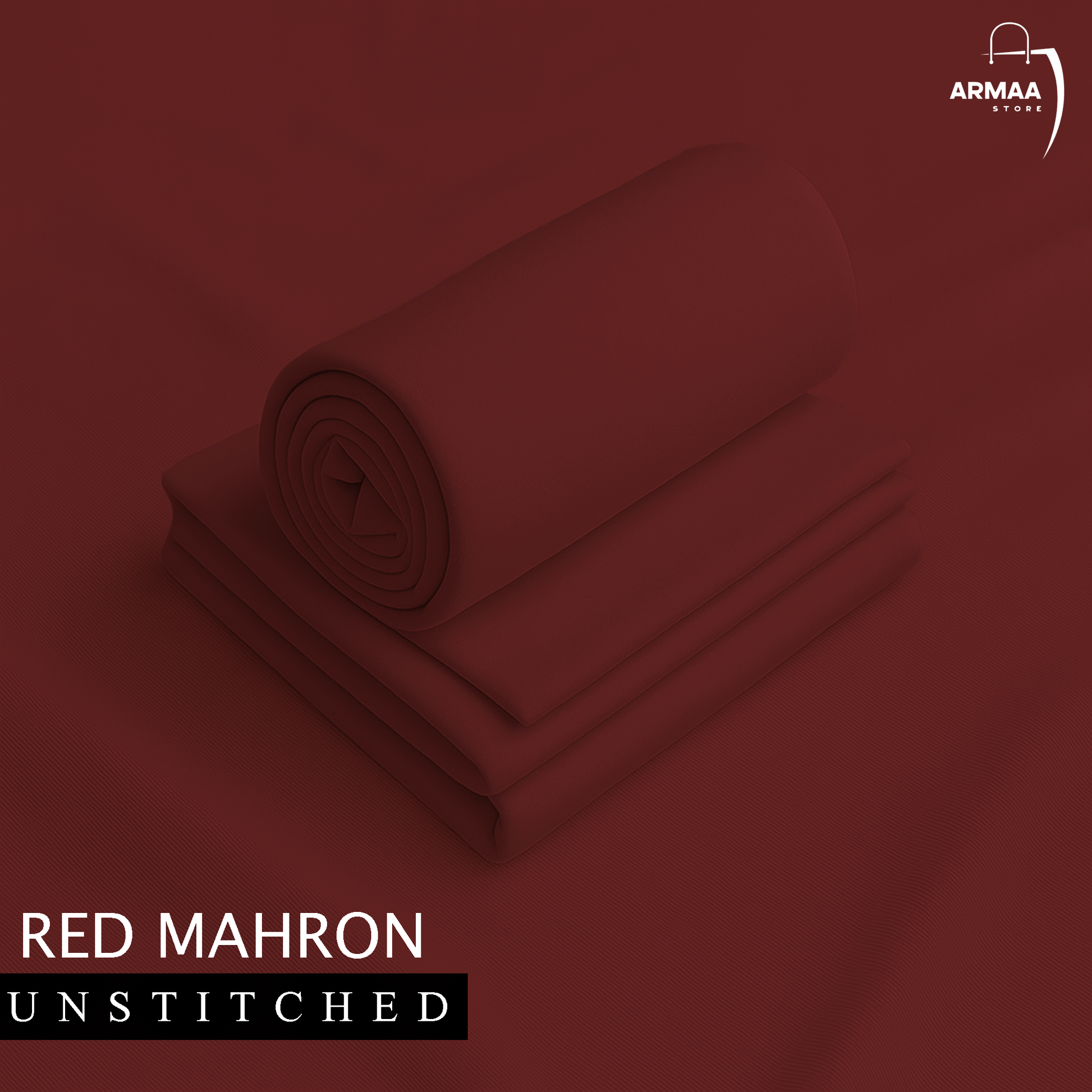 Rolled-up red mahron fabric on a matching background with 'ARMAA' branding.