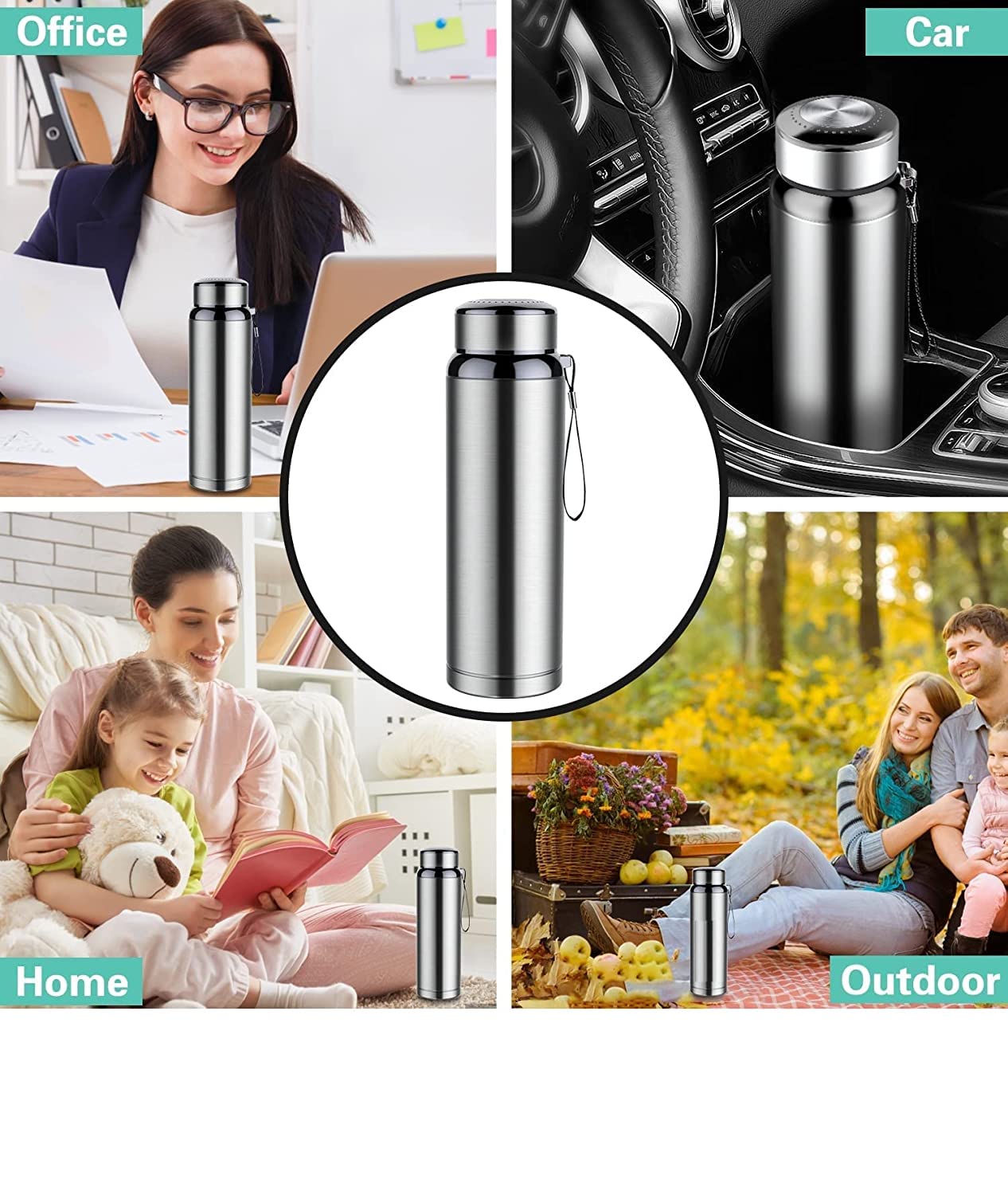 Stainless steel water bottle used in various settings including office, car, home, and outdoor.