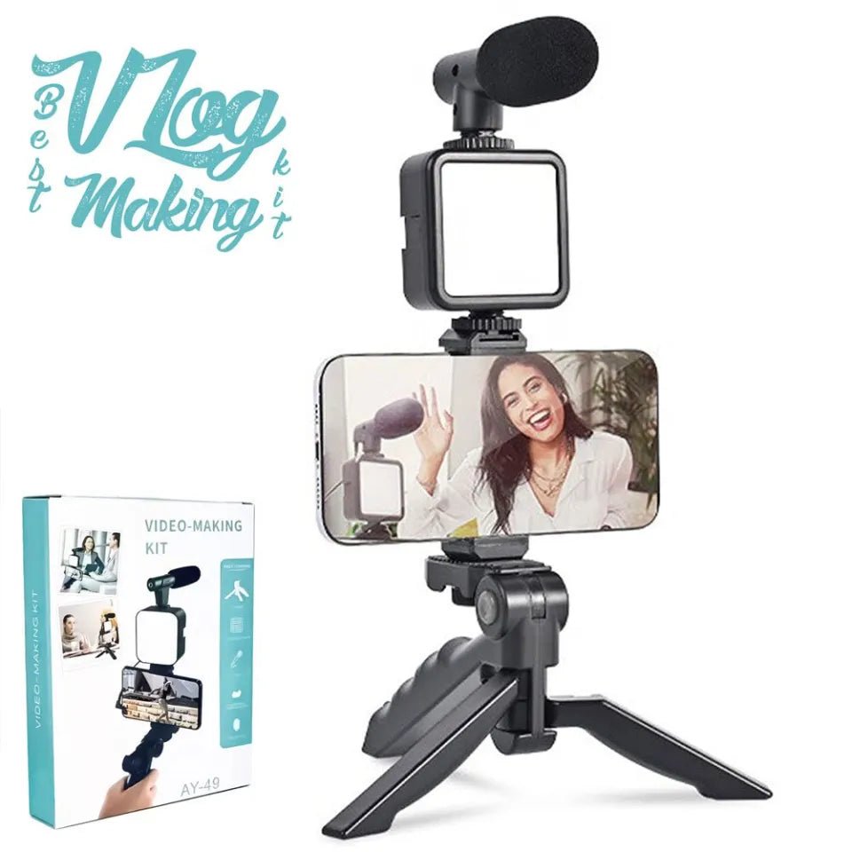 Video Making and Vlogging Kit - AY-49 for Video Making, Mic, Mini Vlog Tripod Stand, Microphone, LED Light & Phone Holder Clip for Making Tiktok Videos, Podcasting - Armaa Store Pk