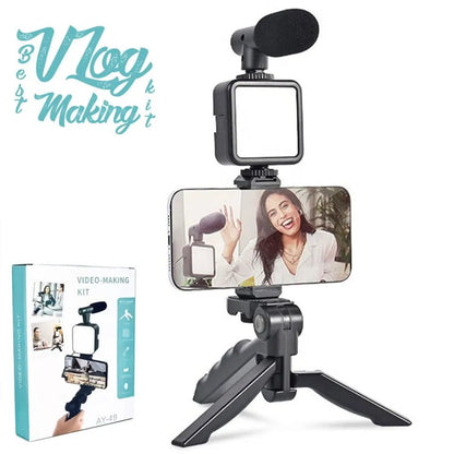 Video Making and Vlogging Kit - AY-49 for Video Making, Mic, Mini Vlog Tripod Stand, Microphone, LED Light & Phone Holder Clip for Making Tiktok Videos, Podcasting - Armaa Store Pk