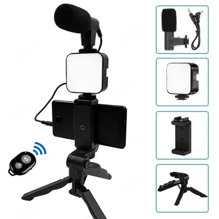 Video Making and Vlogging Kit - AY-49 for Video Making, Mic, Mini Vlog Tripod Stand, Microphone, LED Light & Phone Holder Clip for Making Tiktok Videos, Podcasting - Armaa Store Pk