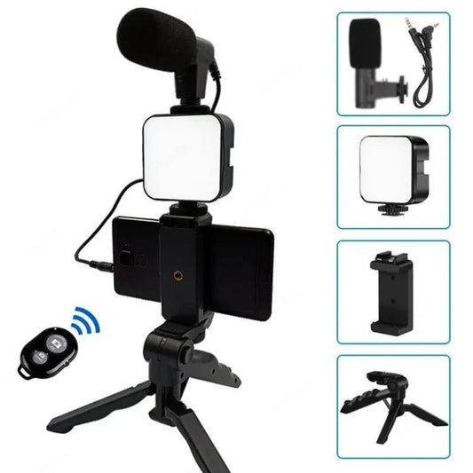Video Making and Vlogging Kit - AY-49 for Video Making, Mic, Mini Vlog Tripod Stand, Microphone, LED Light & Phone Holder Clip for Making Tiktok Videos, Podcasting - Armaa Store Pk