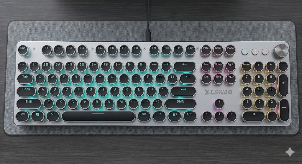 Wired Mechanical Gaming Keyboard – Retro Typewriter Round Keycaps with RGB Backlight & Multimedia Control Knob - Armaa Store Pk