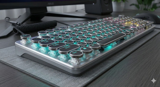Wired Mechanical Gaming Keyboard – Retro Typewriter Round Keycaps with RGB Backlight & Multimedia Control Knob - Armaa Store Pk