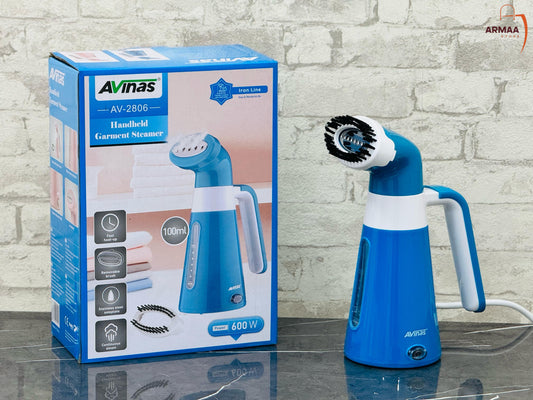 A blue Avinas handheld garment steamer next to its packaging box.