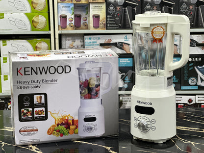 Kenwood heavy duty blender displayed alongside its packaging box. The blender is white with a clear jug and a control panel with big buttons.
